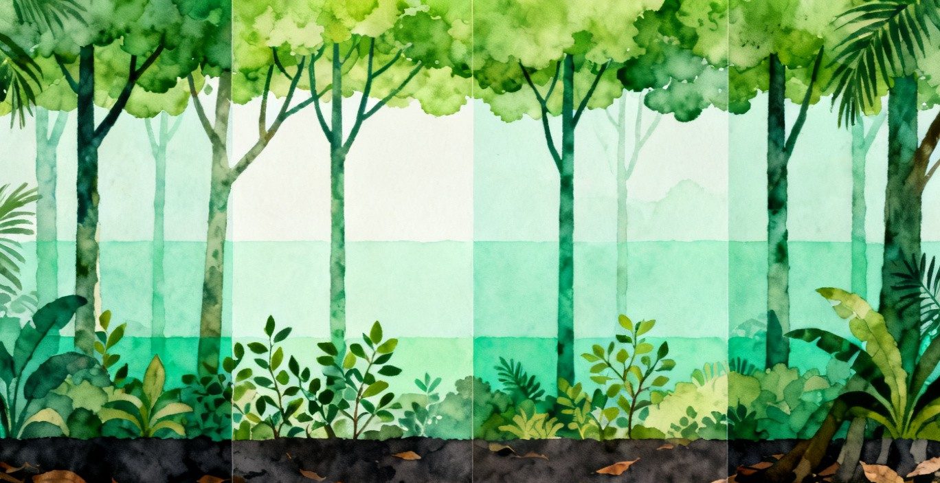 展示热带雨林四个垂直层次的水彩科普插画