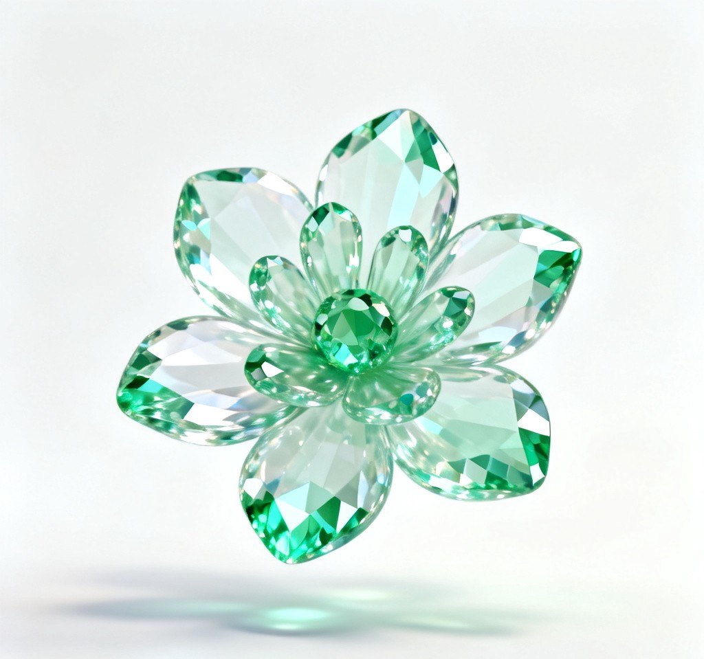 玻璃与薄荷绿水晶材质的绽放花卉 3D 视觉