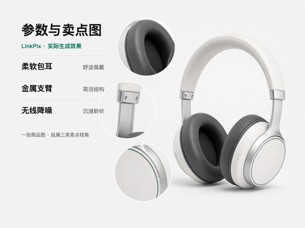 LinkPix 实际生成的耳机参数与卖点展示图
