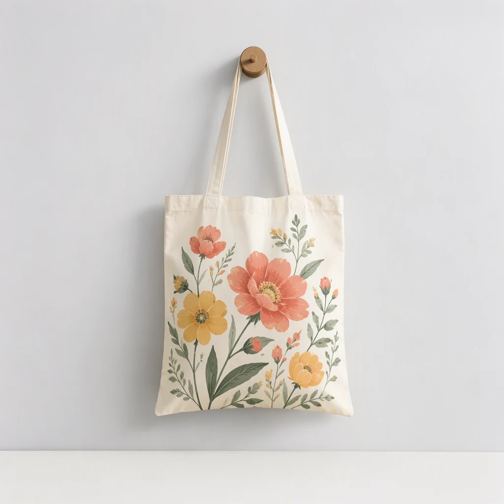 印有花卉图案的帆布 tote 袋