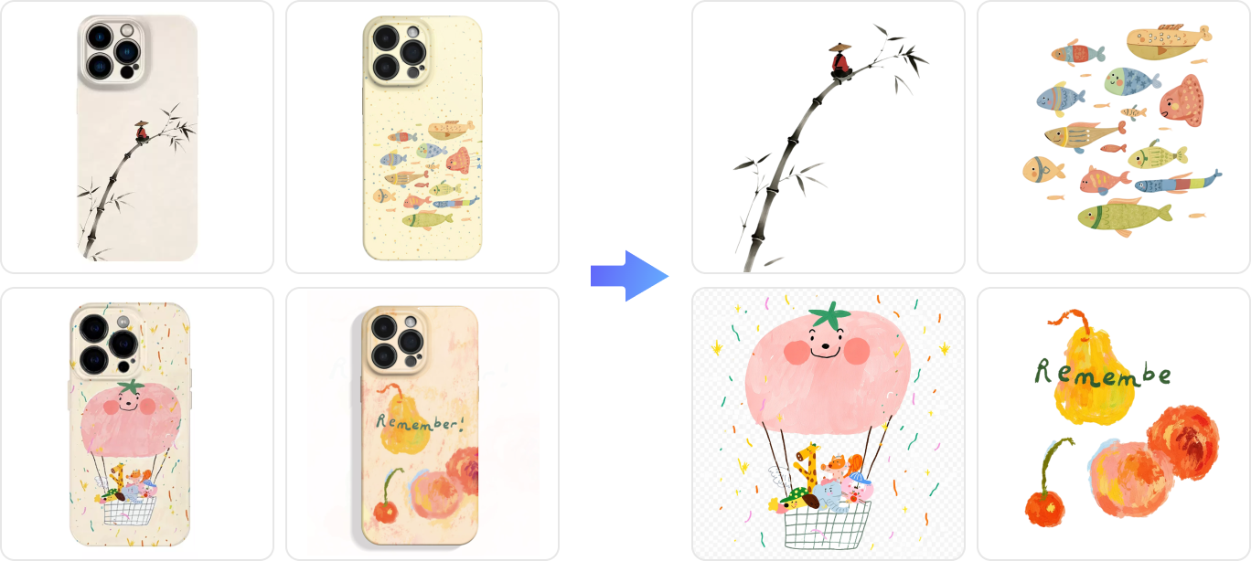 手机壳商品图中的图案被提取为独立 POD 印花素材示例